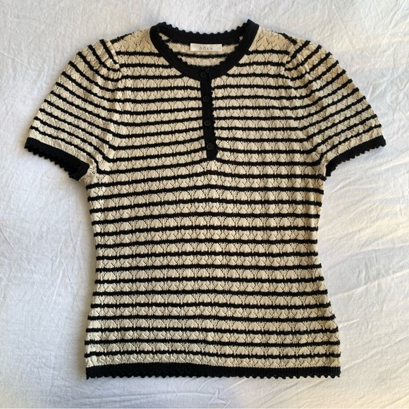 Doen Brandie Cotton Silk Knit Short Sleeve Puff Sweater Top Allaire Stripe Cream - Picture 5 of 12